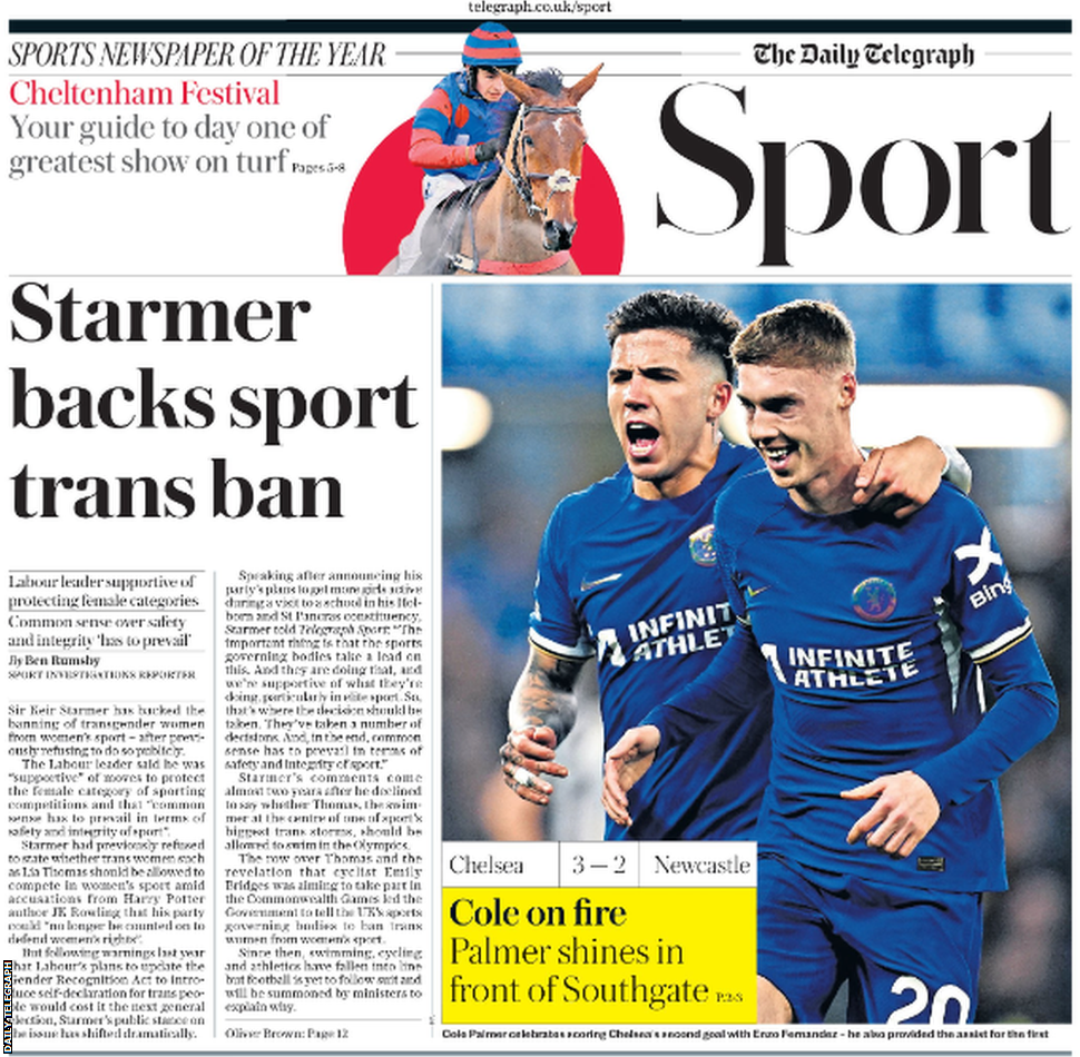 Lead sport page of the Daily Telegraph on 12 March 2024