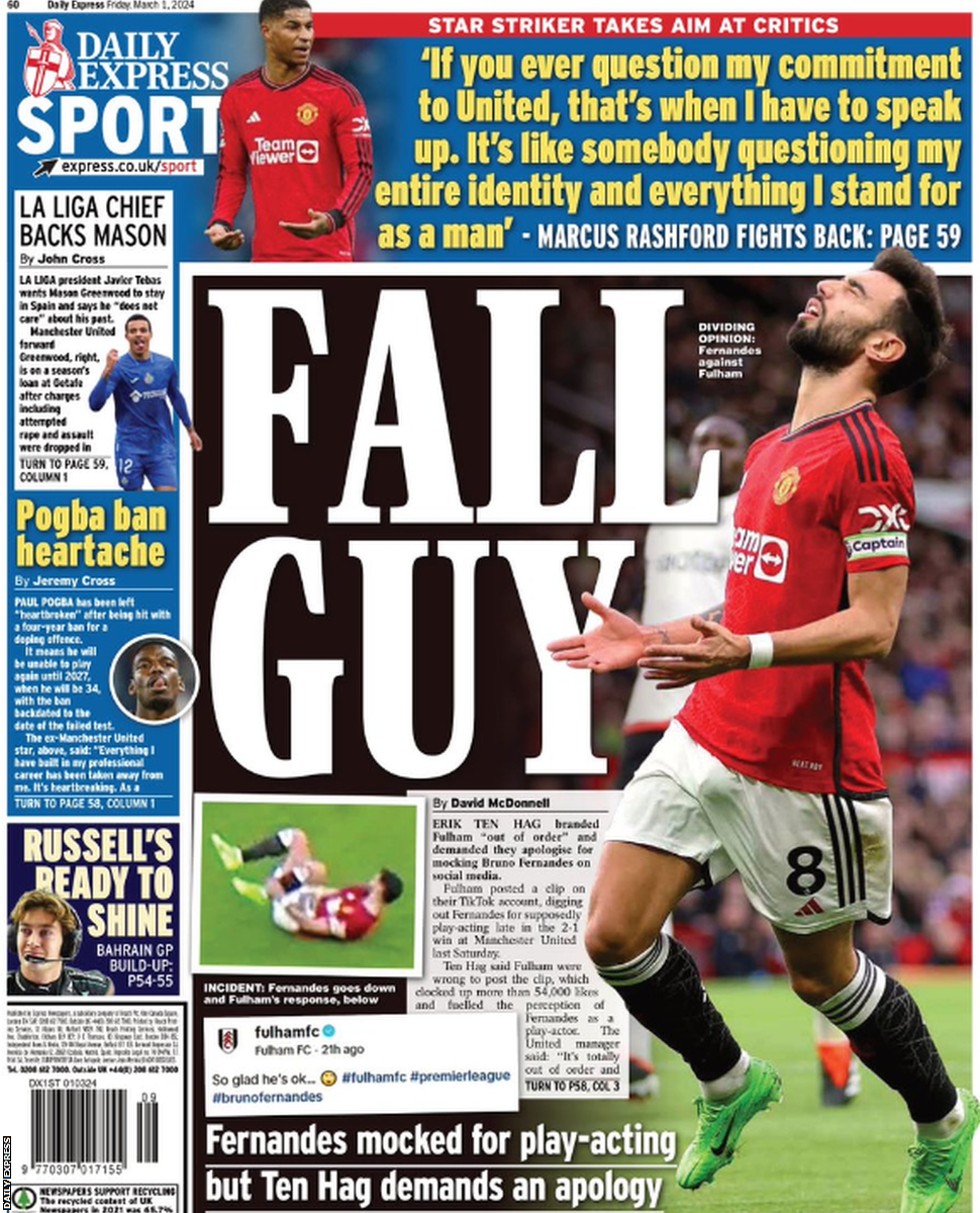 Back page of the Daily Express on 1 March 2024