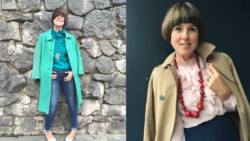 Two pictures of Caroline Jones in 2015 with short brown hair to just below her ears. In the left image she wears blue jeans, a green blouse and a lighter green coat that falls just below the knee. In the right image she wears a light pink blouse with a frilly front, a navy skirt, a beige raincoat and a dark orange chunky beaded necklace.