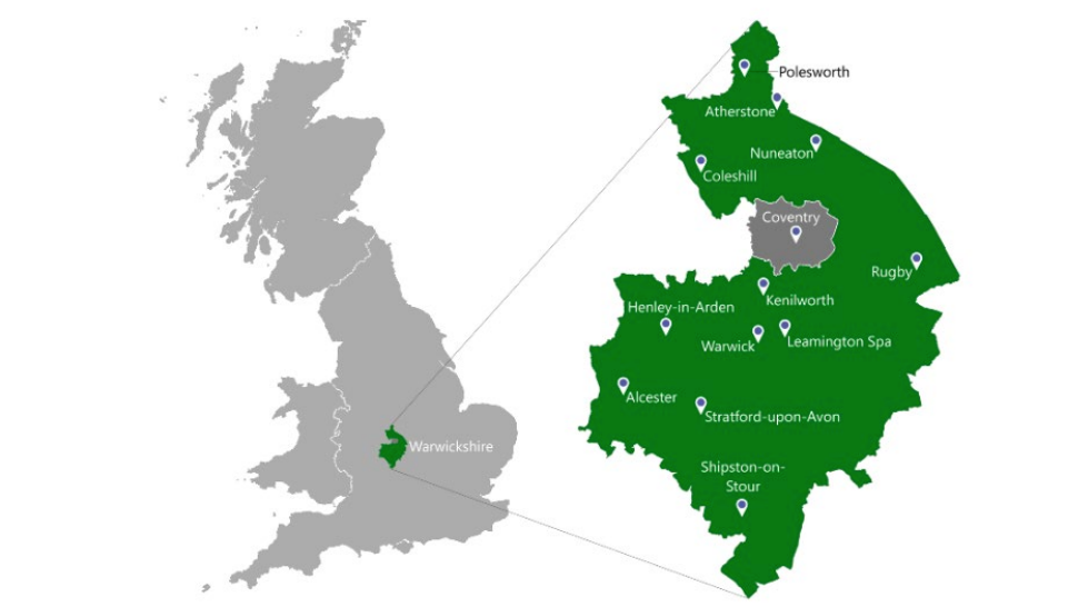Map showing Warwickshire's position in the United Kingdom and the position of towns in the county.