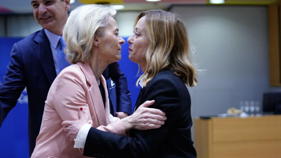 Ursula von der Leyen, President of European Commision and Giorgia Meloni, Italian Prime Minister attend the European Council Meeting on March 21, 2024 in Brussels, Belgium