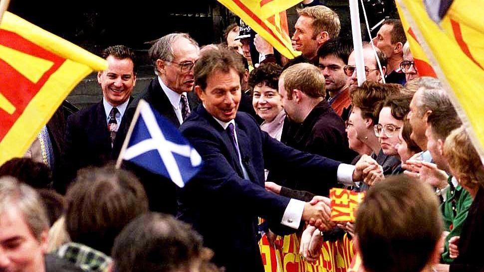 Tony Blair in Scotland the day after the vote for devolution in September 1997