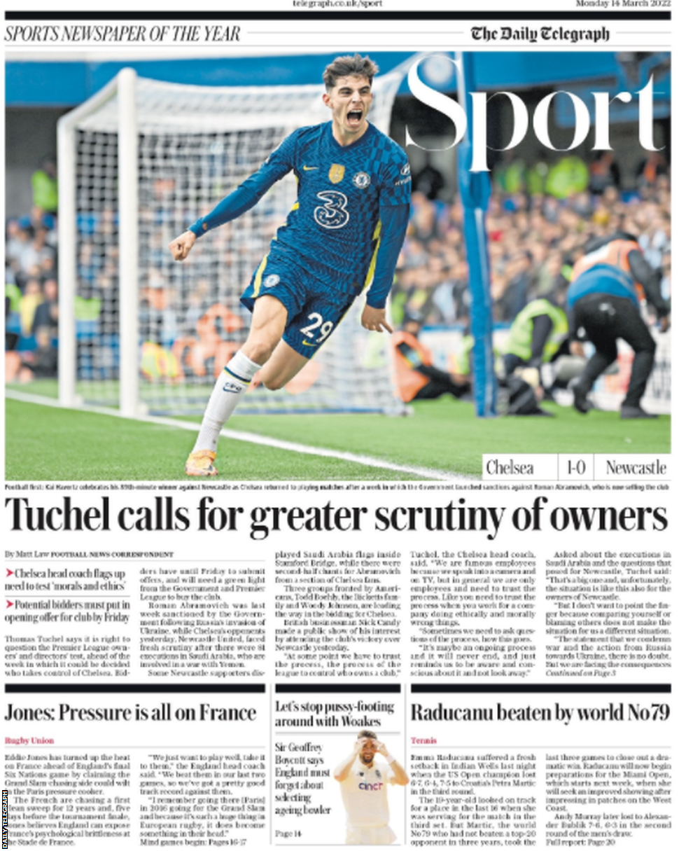 Main sport page of the Daily Telegraph on 14 March 2022