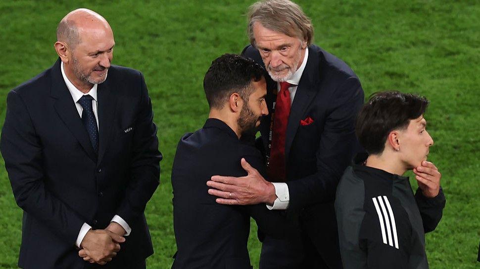 Manchester United head coach Ruben Amorim is consoled by minority owner Sir Jim Ratcliffe in Bilbao