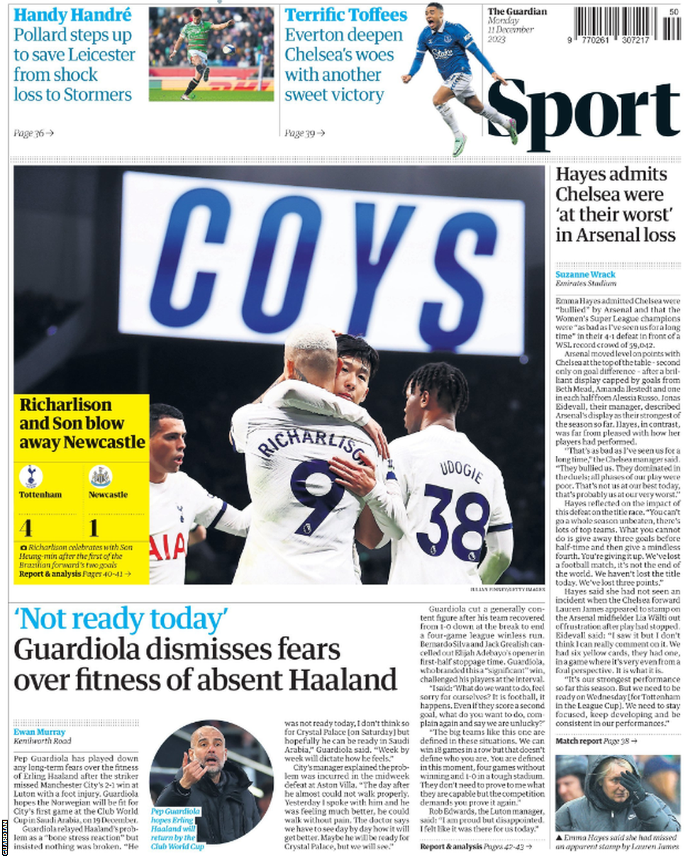 Lead sport page of the Guardian on 11 December 2023