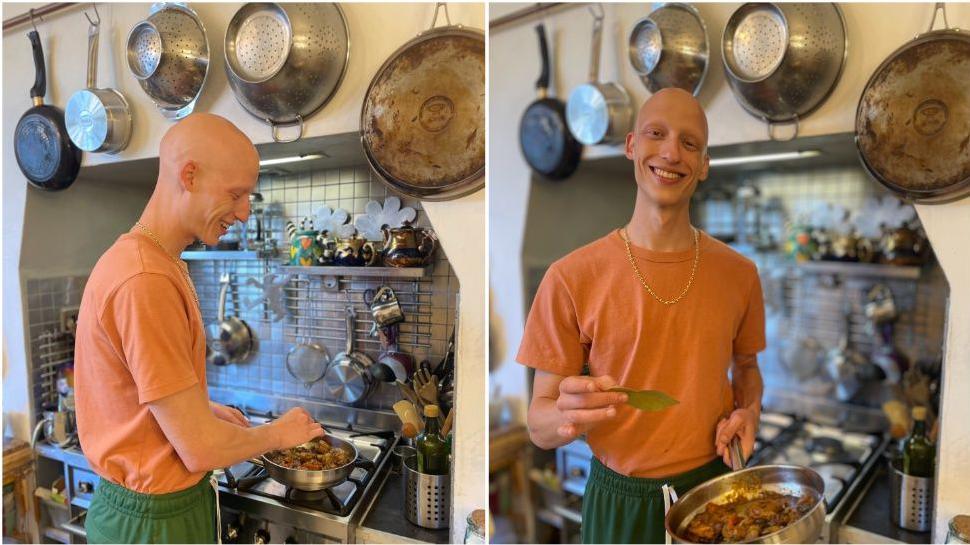 Split image of Elijah A.M in the kitchen. In one he is cooking at the stove, in the other he is holding a pan of food towards the camera.