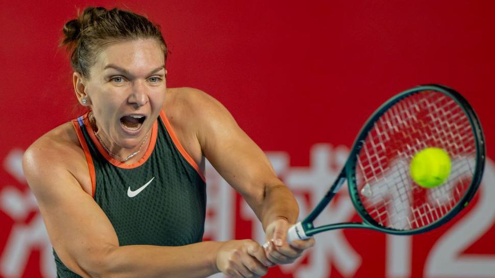 Simona Halep hits a backhand at the Hong Kong 125 Open in 2024