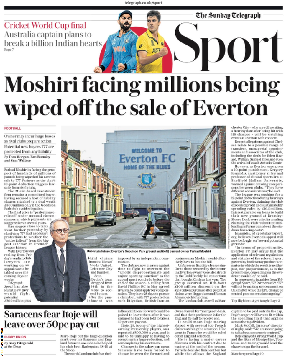 Main sport page of the Sunday Telegraph on 19 November 2023