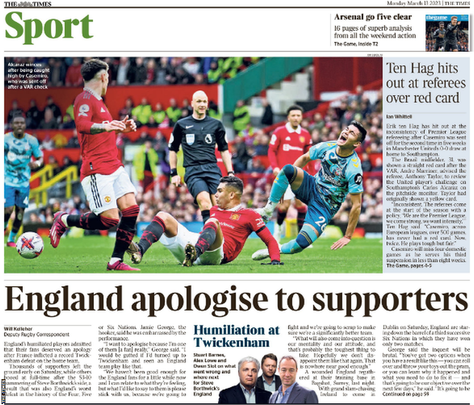 Back page of the Times on 13 March 2023