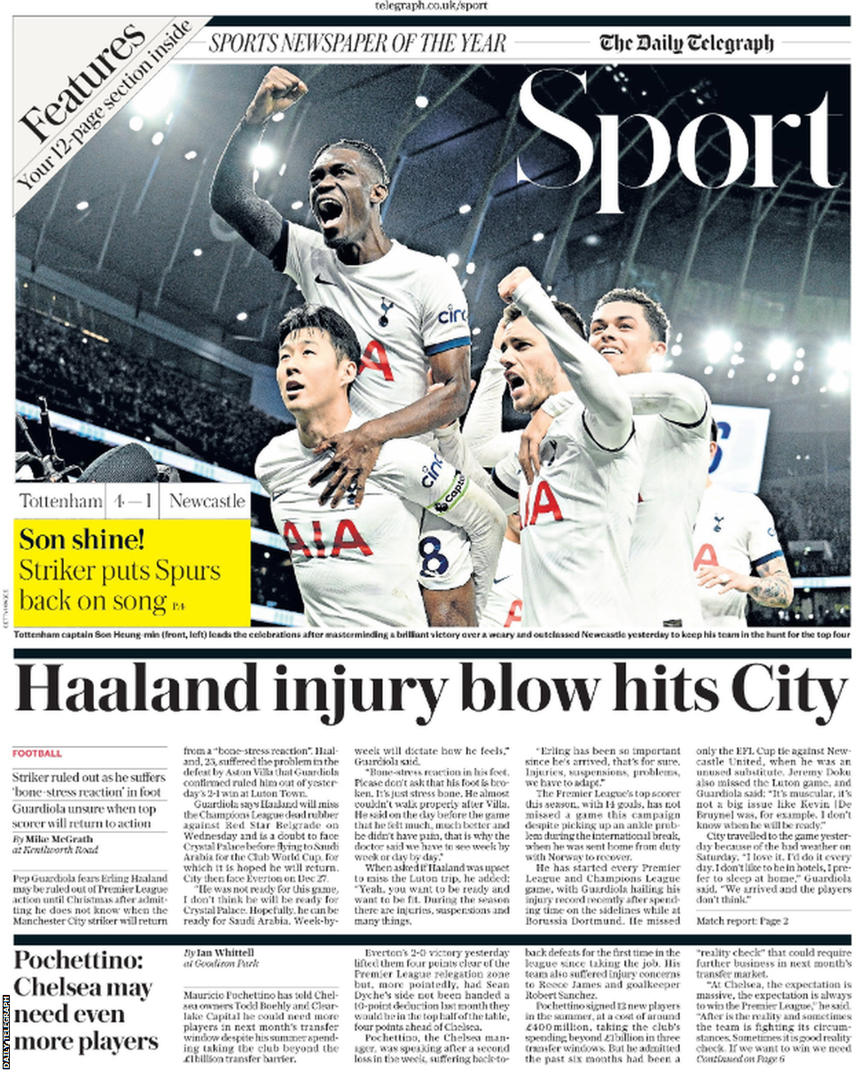 Lead sport page of the Daily Telegraph on 11 December 2023