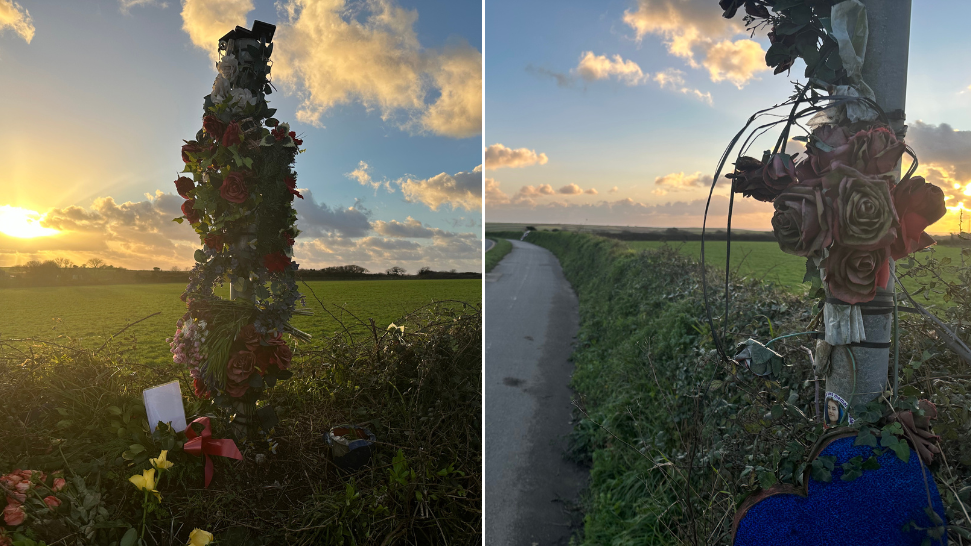 A montage of two photos showing two different floral tributes mounted in the hedges along the road. The sun is low as it sets, giving a glow.