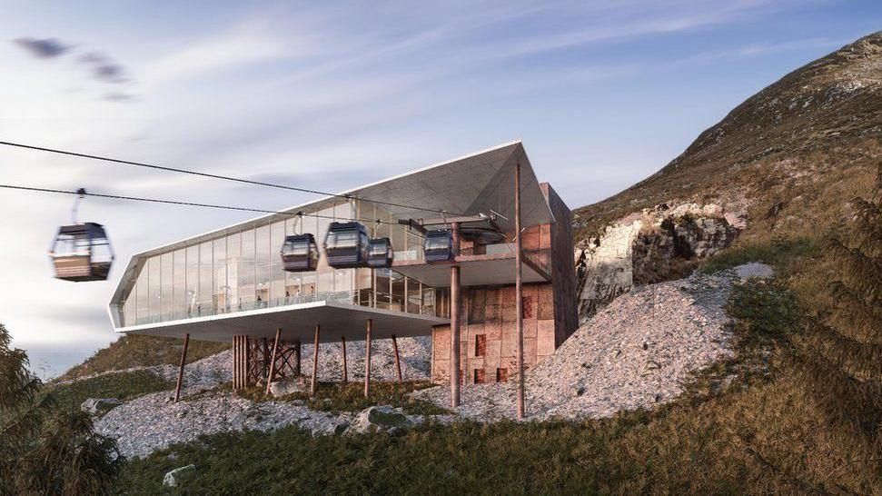 An artists' impression of a planned visitors' centre in the Mourne Mountains.   The proposed glass-fronted building is raised on stilts above a quarry site with cable cars moving towards its platforms