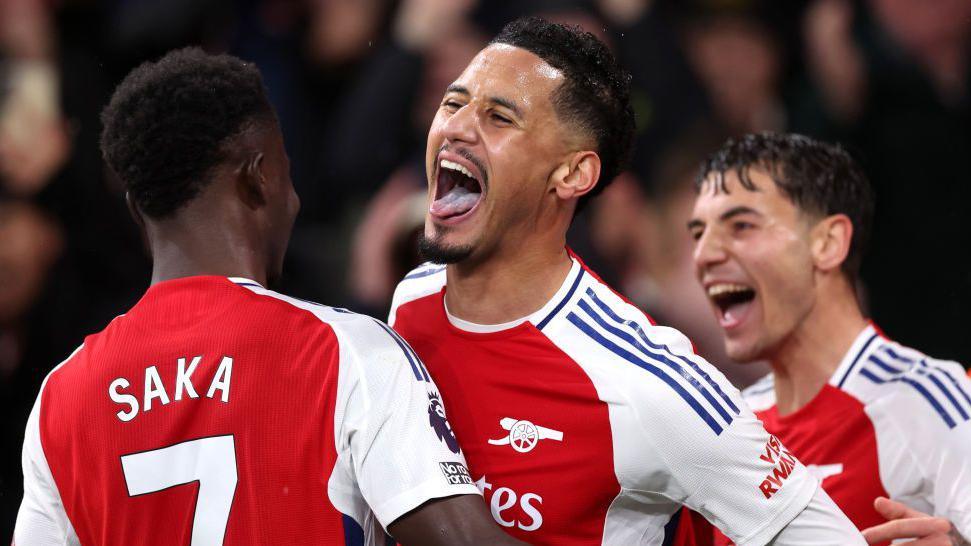 William Saliba celebrates scoring Arsenal's second goal