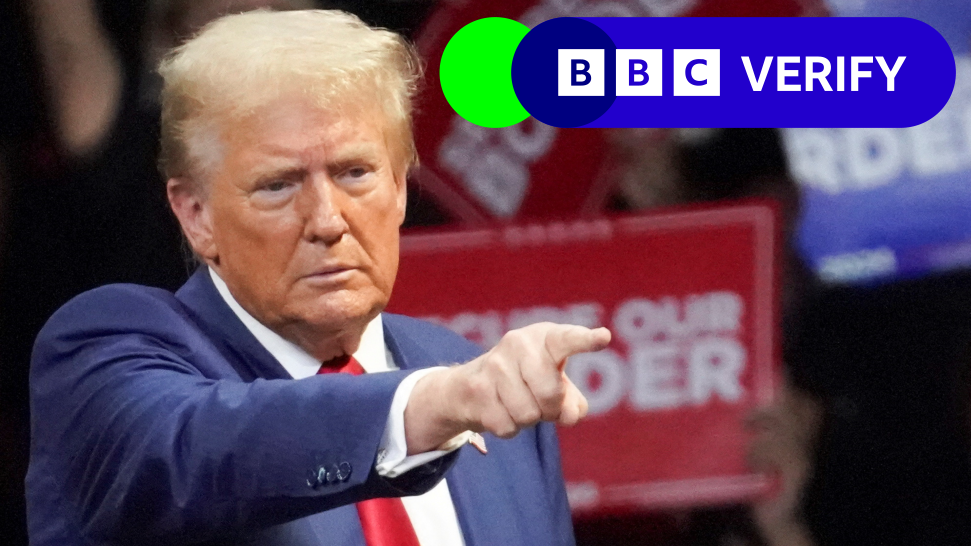 Donald Trump at a campaign rally pointing to the right of the picture. The BBC Verify logo is in the top righthand corner.