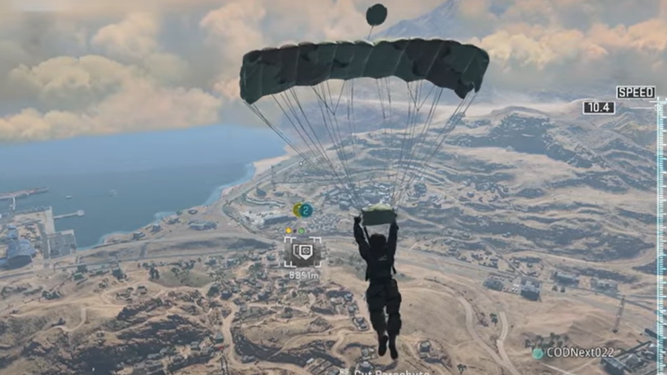 A soldier parachutes in the game Call of Duty Warzone