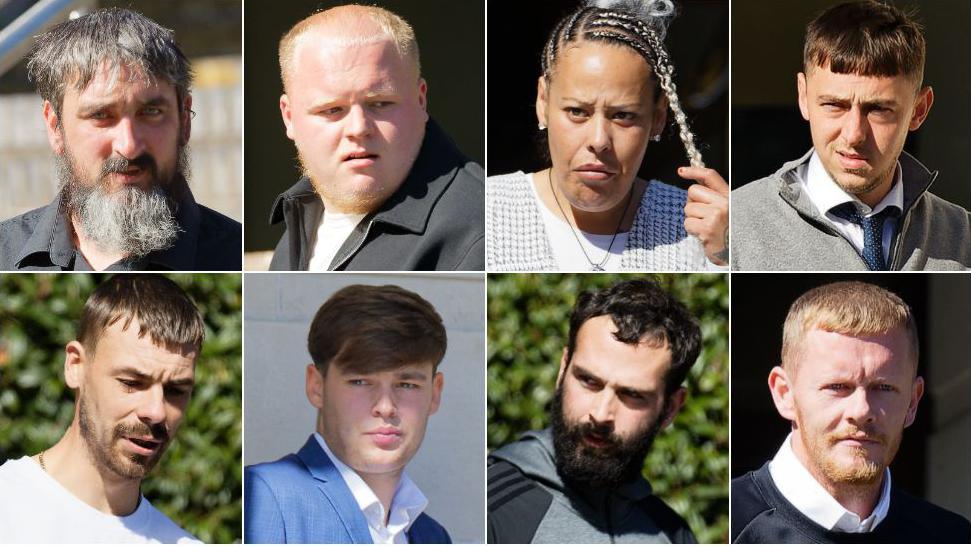 Eight individual headshots of the defendants outside court