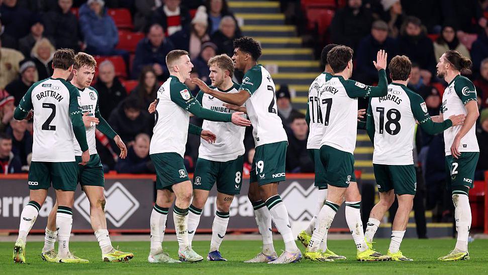 Middlesbrough players celebrate after Tommy Conway (far left) scores at Sheffield United