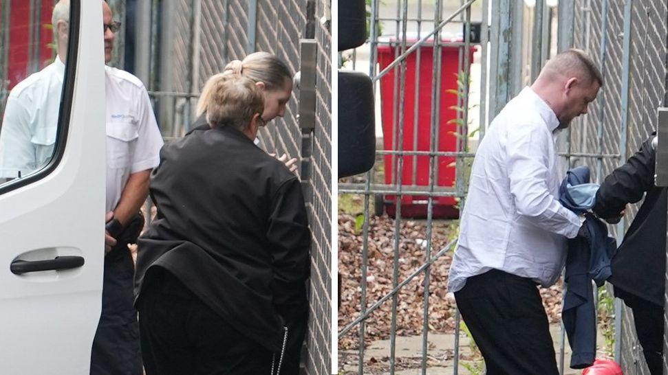 A composite image of Kerry Ives on the left walking into a brick building, escorted by a woman and a man. She has blond hair and is mainly obscured other than her face by the woman in front of her. On the right is Michael Ives who is wearing a white shirt and black trousers. He is holding a jacket and has short grey hair.