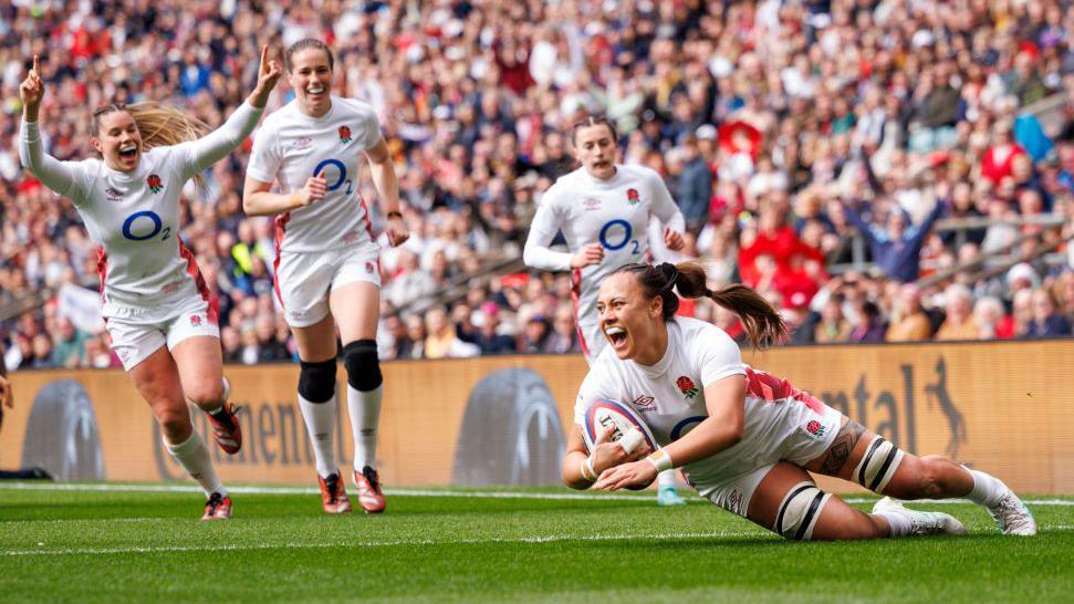 England women's rugby team scoring a try