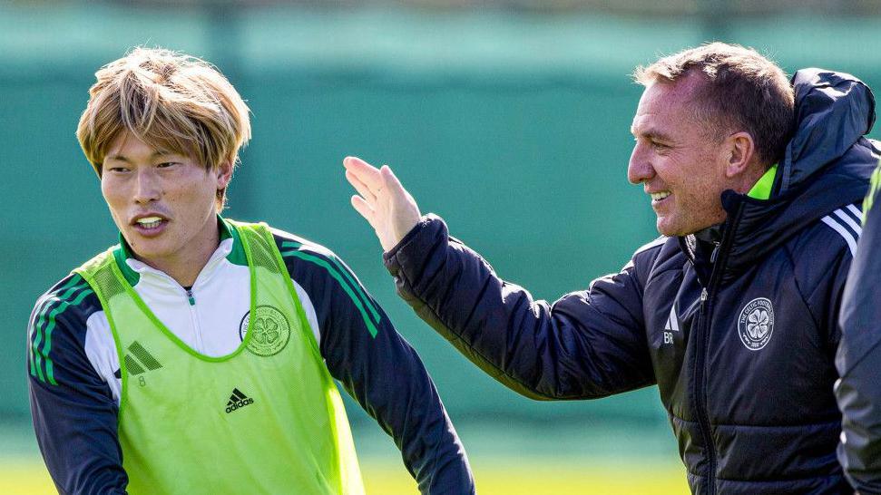 Celtic manager Brendan Rodgers with striker Kyogo