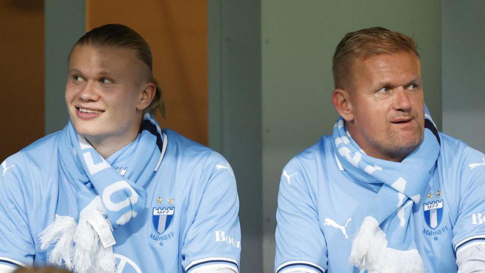 Erling Haaland and his father Alf-Inge watch Malmo clinch the Swedish title in October 2024