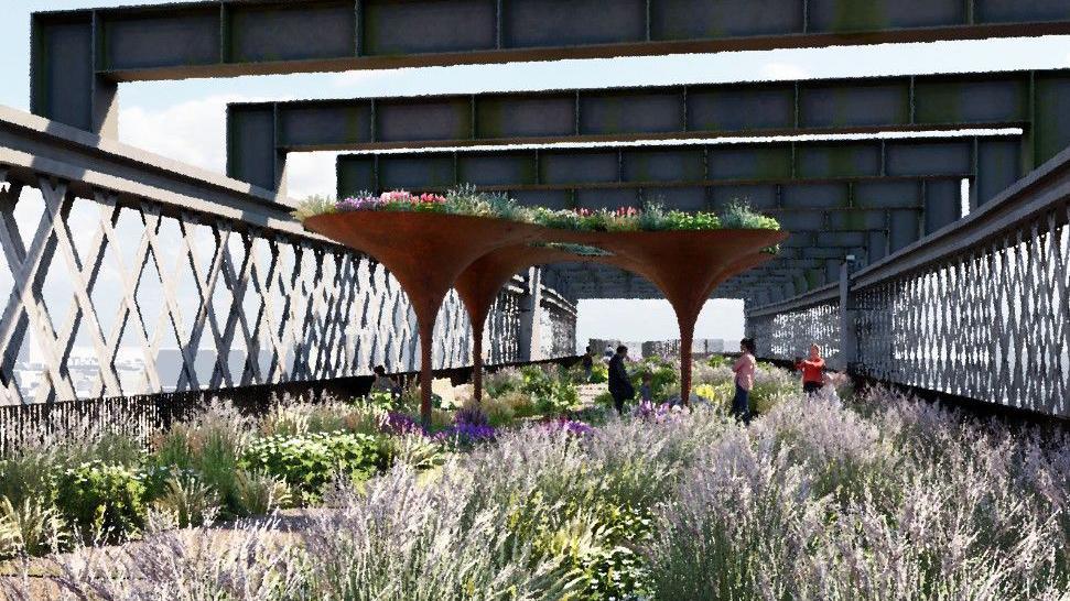 CGI of Manchester sky park shows plant life blooming within the iron and steel structure of the Castlefield viaduct