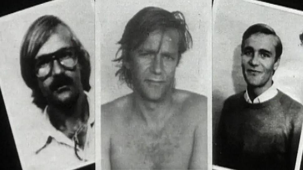 Three pictures of Soeren Berg-Arnbak and his multiple disguises. One where he has a moustache and glasses, second one where he is bare chested with longer hair, thirdly he is clean shaven and shorter hair and dressed conservatively.
