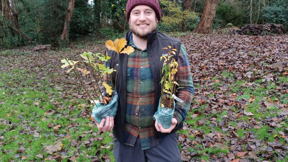 A man wearing a purple hat and colourful shirt holding two tree saplings. He is standing in an area that has lots of trees behind him