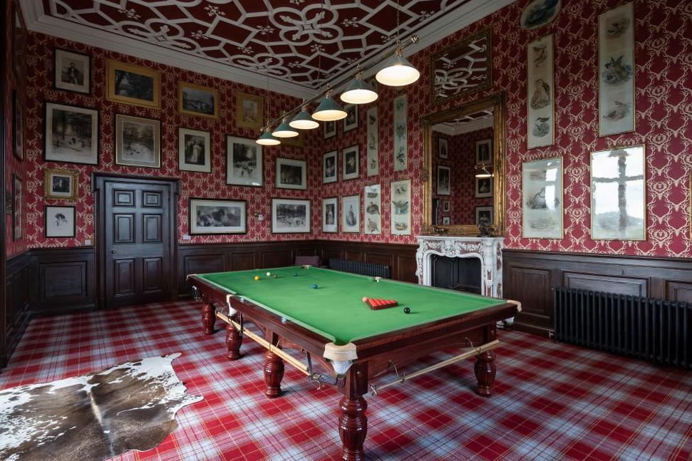 A room with pictures on the walls and pool table under lights. There is an animal hide rug on the floor