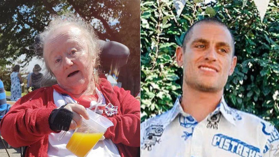 Alison Tilsley and Alex Wood in two separate photographs. Ms Tilsley is smiling at the camera. She is sitting in a wheelchair and holds a cup of orange squash. Mr Wood is smiling in the garden wearing a blue and white shirt which has a graffiti art style.