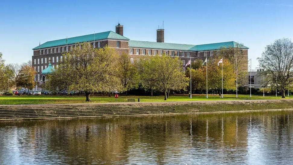 Exterior shot of Nottinghamshire's County Hall on the banks of the River Trent