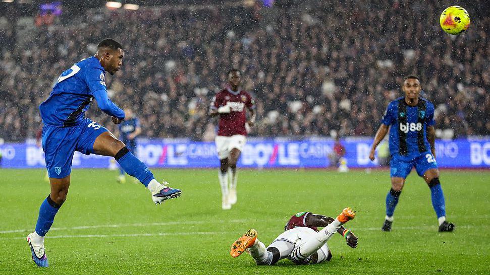 Bournemouth's Rayan has a shot blocked by West Ham's Soungoutou Magassa