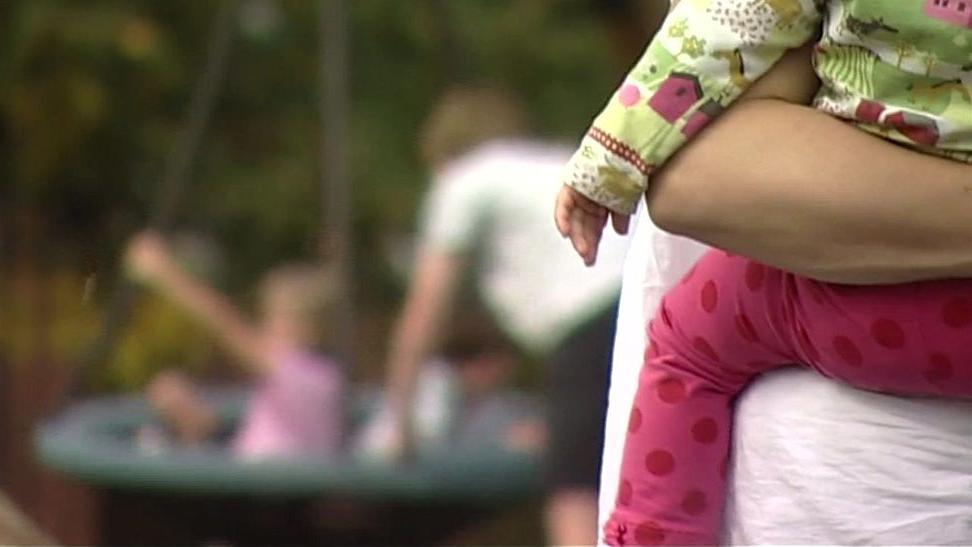 Anonymous child being held by a parent in a playground, in front of a hammock swing with several other children on it