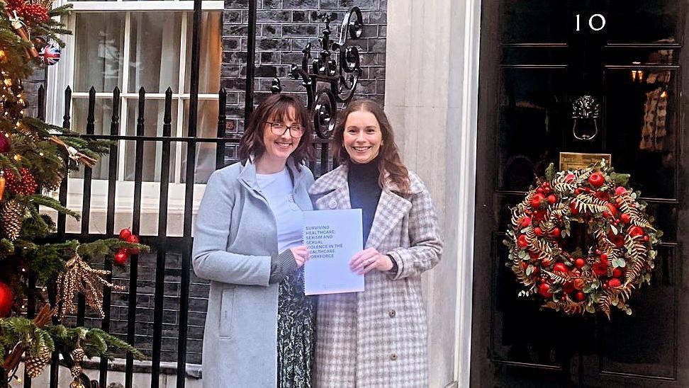 Dr Becky Cox and Dr Chelcie Jewitt outside 10 Downing Street