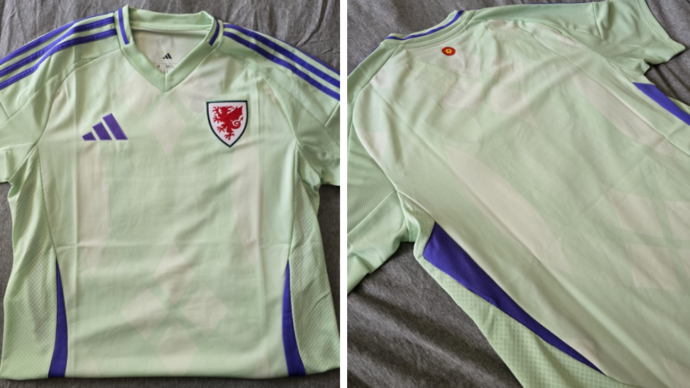 A composite image of the new Wales Euro 2025 shirt. On the left is the front of the shirt and the right is the back. It is a light mint green shirt with an Adidas logo on the left in purple and the Welsh emblem on the right.