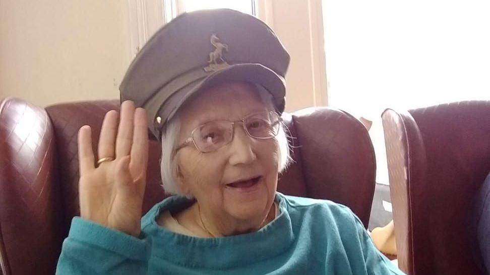 An image of Mabel White wearing a World War Two army hat