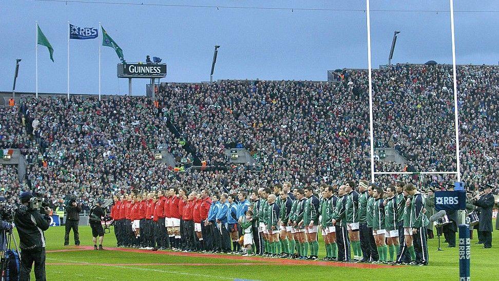 Ireland and England line up for the national anthems before the first Six Nations game to be played between the two sides at Croke Park in 2007
