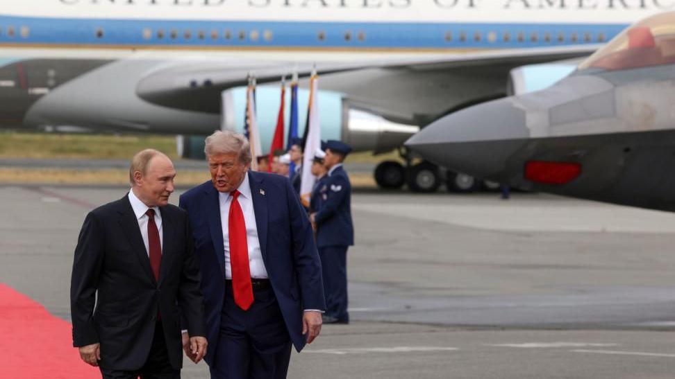 Vladimir Putin and Donald Trump walking together on the runway in Alaska