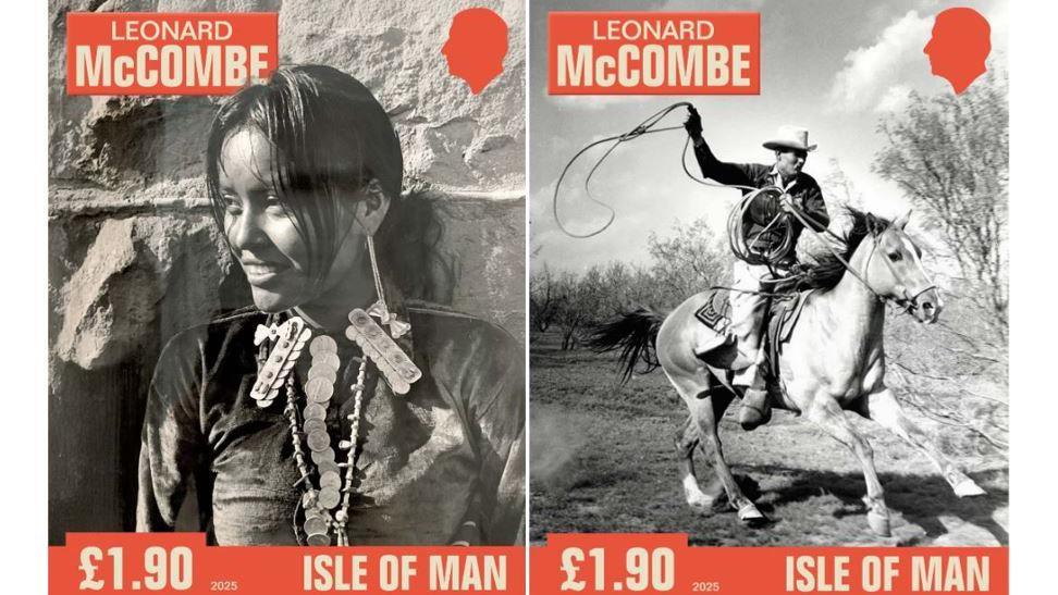 Stamps featuring a Navajo woman in traditional dress smiling and a cowboy on a horse throwing a lasao.