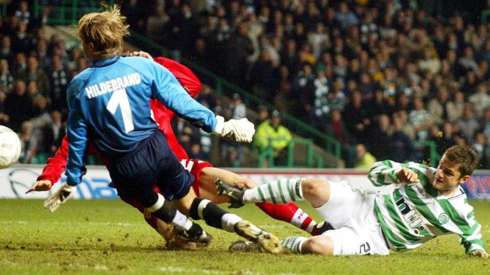 Shaun Maloney scores for Celtic against Stuttgart in February 2003