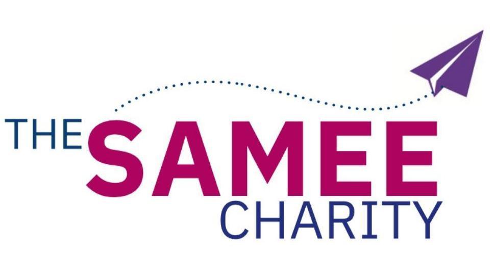 The Samee charity logo, which includes a paper airplane floating across the words.