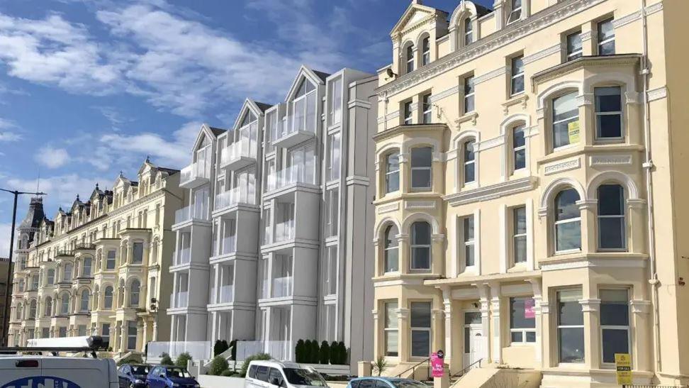 An illustration of the development alongside a row of Victoria-era buildings with blue sky above.