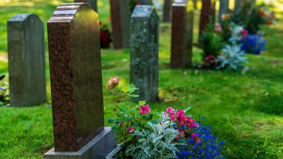 Graveyard with pink and blue flowers by it.