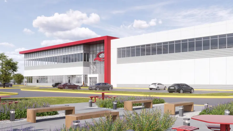 Artist's impression of a large red and white building which will house the data centre.