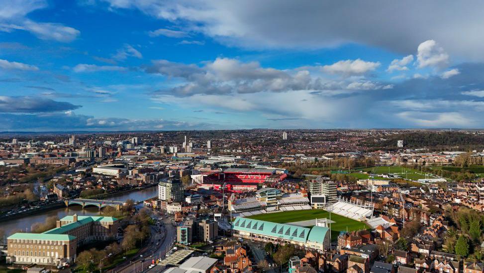 A general aerial view of Nottinghamshire, showing the City Ground in Rushcliffe, County Hall and the Trent Bridge Cricket Ground. Trent Bridge can also be seen with Nottingham in the background