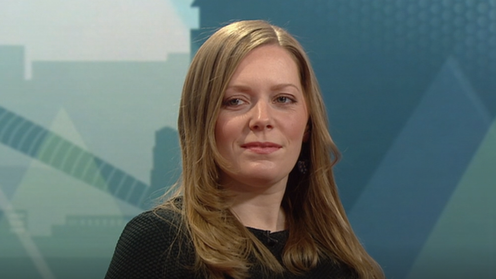 Labour MP Sarah Edwards, a woman with long light brown hair, wearing a black top. She is in a television studio. 