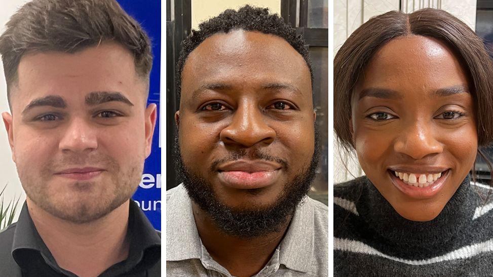 A composite photo of three people. From the left is a Romanian man in his mid 20s; in the middle is a Nigerian man in his early forties; and on the right is a British-Nigerian woman in her twenties. All are smiling looking straight at the camera.