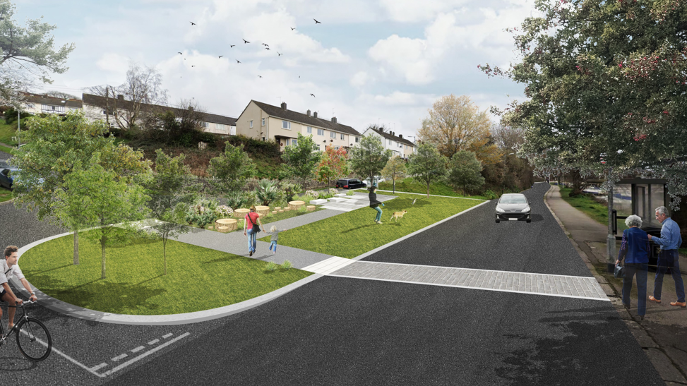 An image showing the \'rain garden\' public space which would replace Pendeen Road roundabout on Malpas Road