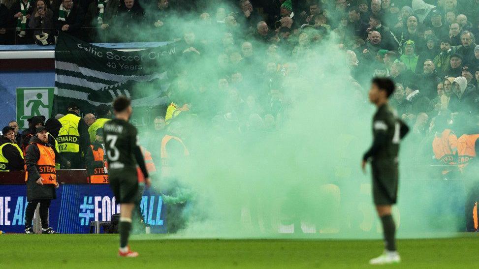 Green smoke from a pyro at Villa Park