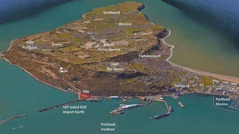 Aerial view of Portland peninsula showing Portland Port and the location of the proposed incinerator at the far end of the port where the harbour wall divides the harbour from the sea.